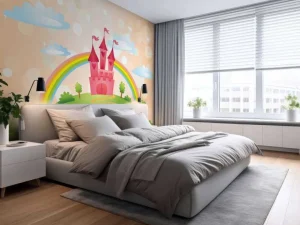 New Sprookjeskasteel met een regenboog fotobehang Kinderkamer