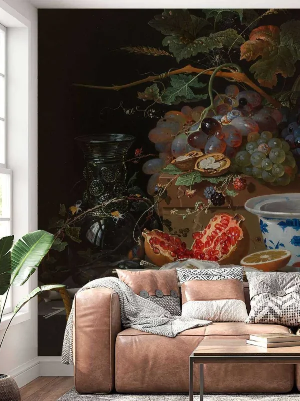 Online Stilleven met vruchten, oesters en een porseleinen kom fotobehang Keuken