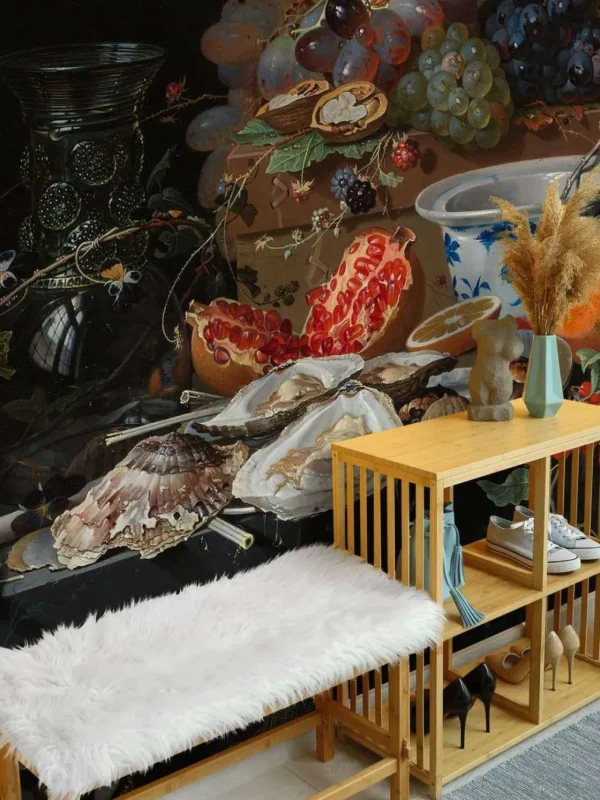 Online Stilleven met vruchten, oesters en een porseleinen kom fotobehang Keuken