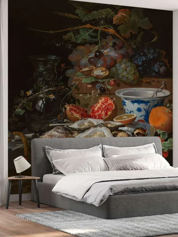 Online Stilleven met vruchten, oesters en een porseleinen kom fotobehang Keuken