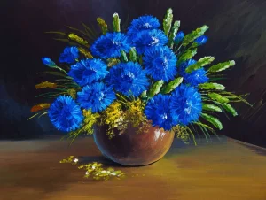 New Stilleven van een vaas met blauwe bloemen fotobehang Kunst & Design | Bloemen