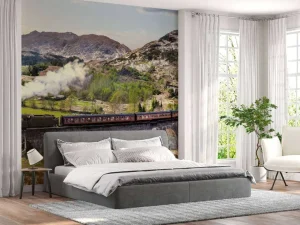 New Stoomtrein door een prachtig landschap in Schotland fotobehang Transport