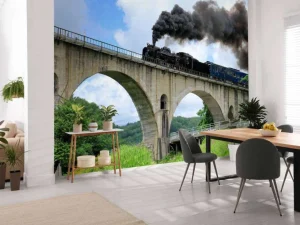 Fashion Stoomtrein op een viaduct fotobehang Transport | Architectuur