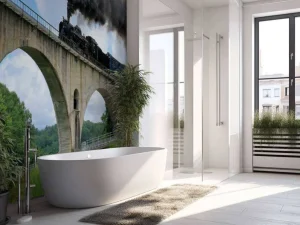 Fashion Stoomtrein op een viaduct fotobehang Transport | Architectuur