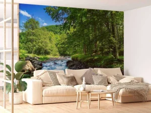 Outlet Stromende Rivier in het Bos in Zomer fotobehang Bloemen