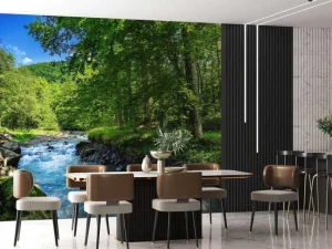 Outlet Stromende Rivier in het Bos in Zomer fotobehang Bloemen