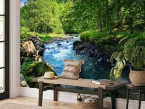 Outlet Stromende Rivier in het Bos in Zomer fotobehang Bloemen