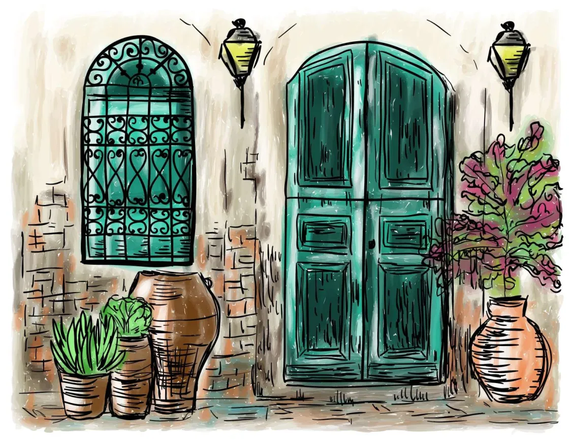 tekening_van_een_mediterr_0.webp Best Tekening van een Mediterraans huis fotobehang Kunst & Design | Architectuur