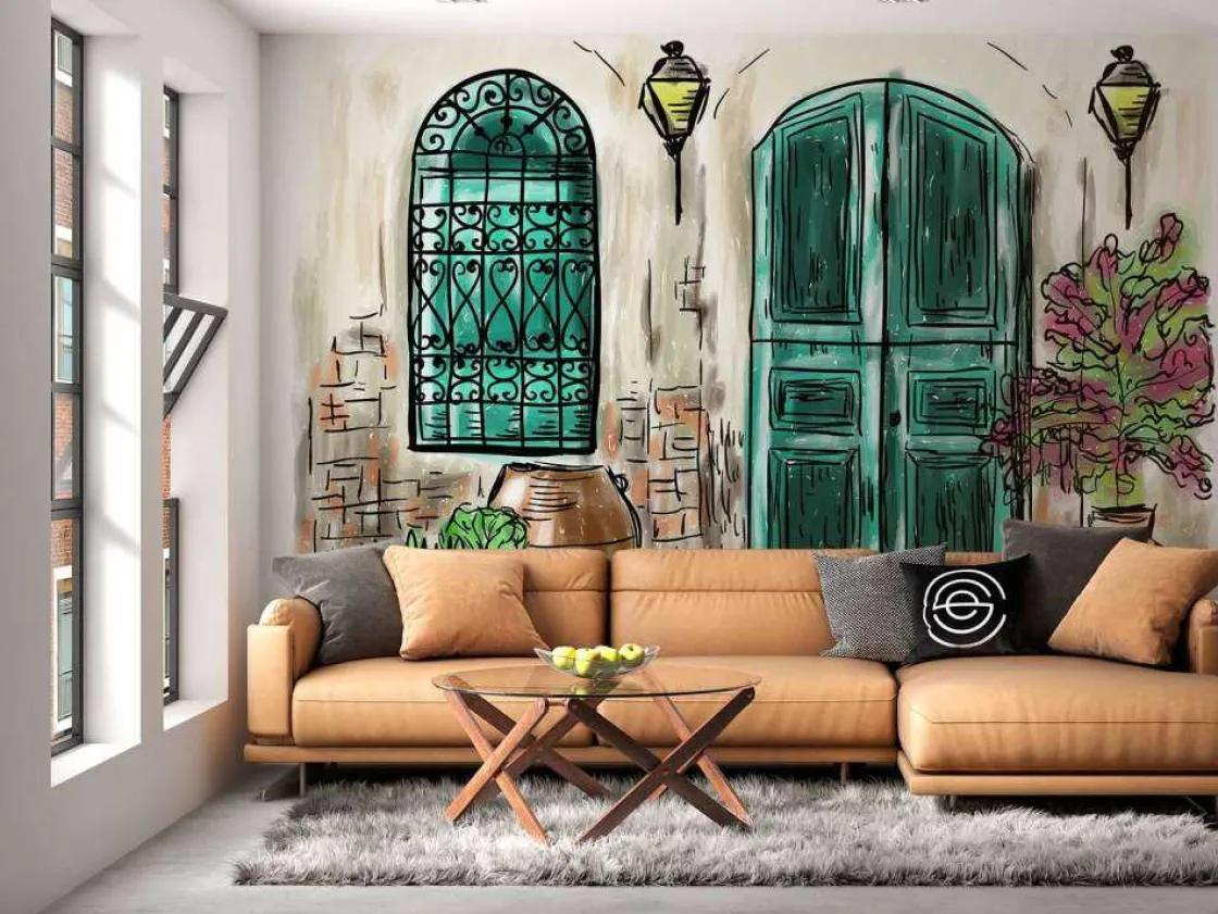 tekening_van_een_mediterr_2.webp Best Tekening van een Mediterraans huis fotobehang Kunst & Design | Architectuur
