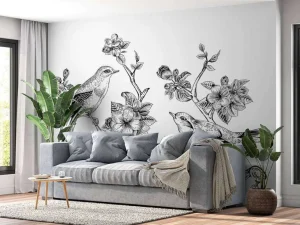 Sale Tekening van vogels op een tak met appelbloesems fotobehang Dieren | Bloemen