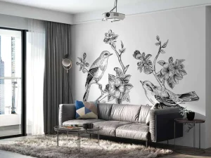 Sale Tekening van vogels op een tak met appelbloesems fotobehang Dieren | Bloemen
