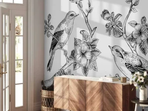 Sale Tekening van vogels op een tak met appelbloesems fotobehang Dieren | Bloemen