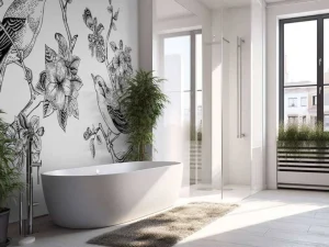 Sale Tekening van vogels op een tak met appelbloesems fotobehang Dieren | Bloemen