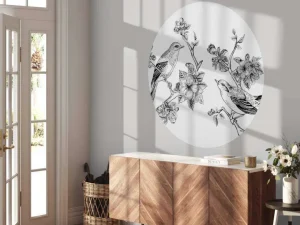 Sale Tekening van vogels op een tak met appelbloesems fotobehang Dieren | Bloemen