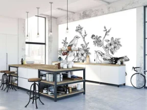 Sale Tekening van vogels op een tak met appelbloesems fotobehang Dieren | Bloemen