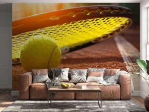 Sale Tennisbal op een tennisbaan met zonlicht fotobehang Tienerkamer | Kinderkamer