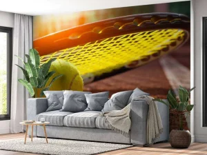Sale Tennisbal op een tennisbaan met zonlicht fotobehang Tienerkamer | Kinderkamer