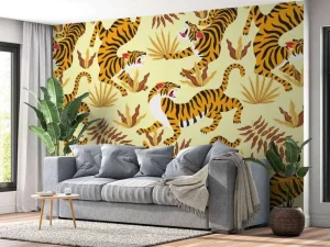 Discount Tijger met bladeren print fotobehang Kinderkamer
