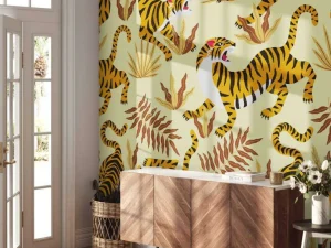 Discount Tijger met bladeren print fotobehang Kinderkamer