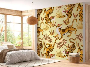 Discount Tijger met bladeren print fotobehang Kinderkamer