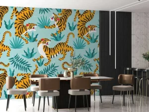 Outlet Tijger print met een blauwe achtergrond fotobehang Tienerkamer | Kinderkamer