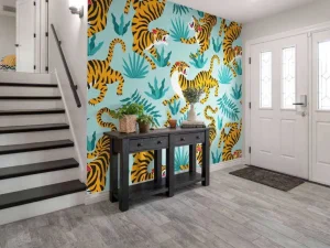Outlet Tijger print met een blauwe achtergrond fotobehang Tienerkamer | Kinderkamer