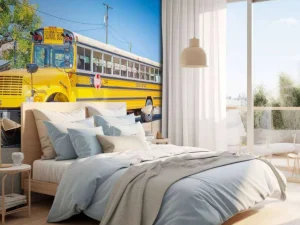 Best Traditionele gele schoolbus op een parkeerterrein fotobehang Kinderkamer | Transport