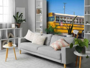 Best Traditionele gele schoolbus op een parkeerterrein fotobehang Kinderkamer | Transport