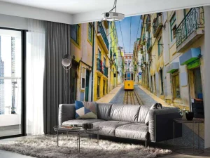 Best Tram door een straatje in Lissabon fotobehang Transport | Architectuur