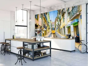 Best Tram door een straatje in Lissabon fotobehang Transport | Architectuur