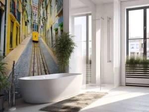 Best Tram door een straatje in Lissabon fotobehang Transport | Architectuur