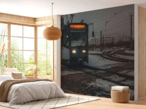 Online Tram in de winter fotobehang Transport