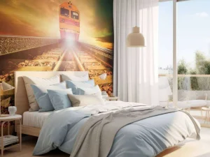 Hot Trein bij zonsondergang fotobehang Transport