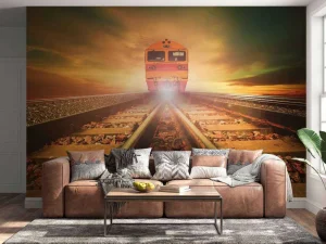 Hot Trein bij zonsondergang fotobehang Transport