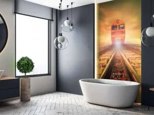 Hot Trein bij zonsondergang fotobehang Transport