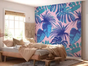 Sale Tropische bladeren met een roze achtergrond fotobehang Tienerkamer | Bloemen