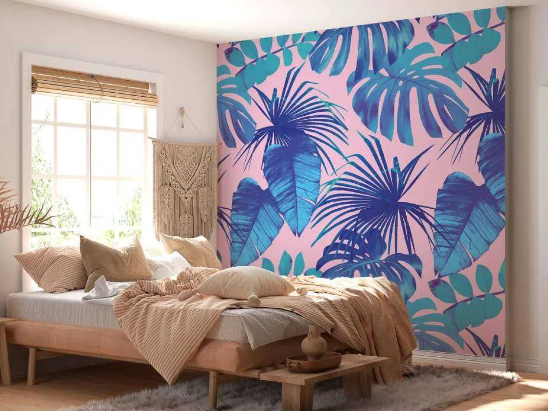 tropische_bladeren_met_ee_1.webp Sale Tropische bladeren met een roze achtergrond fotobehang Tienerkamer | Bloemen