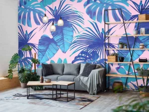 Sale Tropische bladeren met een roze achtergrond fotobehang Tienerkamer | Bloemen