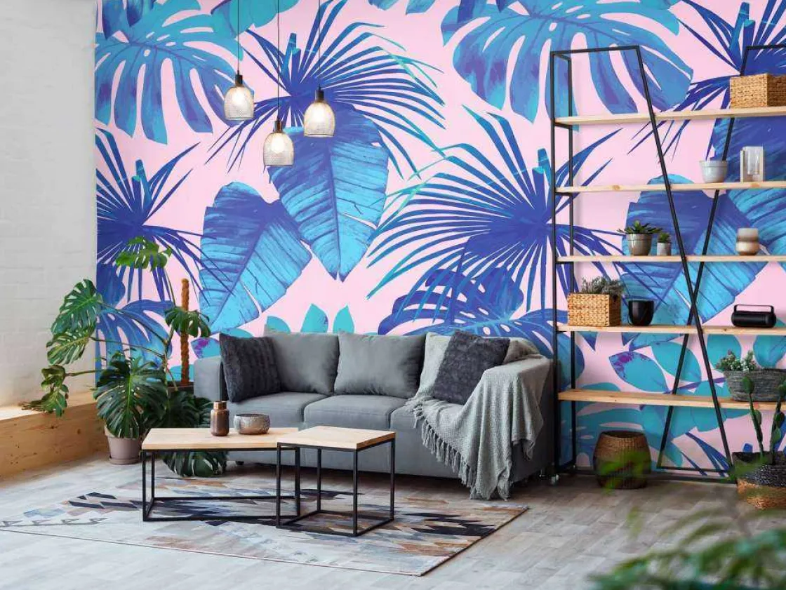 tropische_bladeren_met_ee_10.webp Sale Tropische bladeren met een roze achtergrond fotobehang Tienerkamer | Bloemen