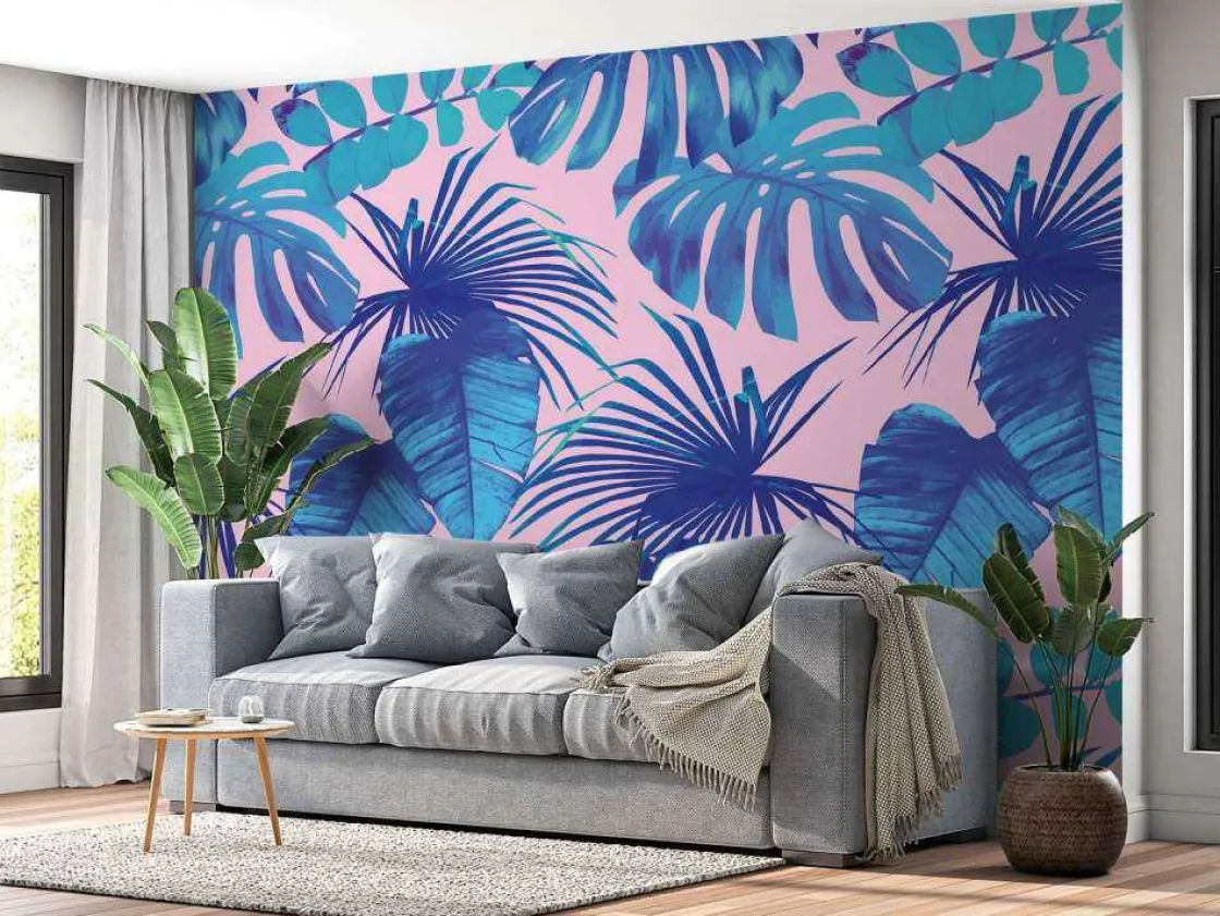 tropische_bladeren_met_ee_2.webp Sale Tropische bladeren met een roze achtergrond fotobehang Tienerkamer | Bloemen