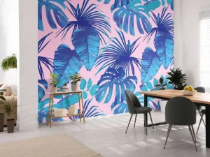 Sale Tropische bladeren met een roze achtergrond fotobehang Tienerkamer | Bloemen