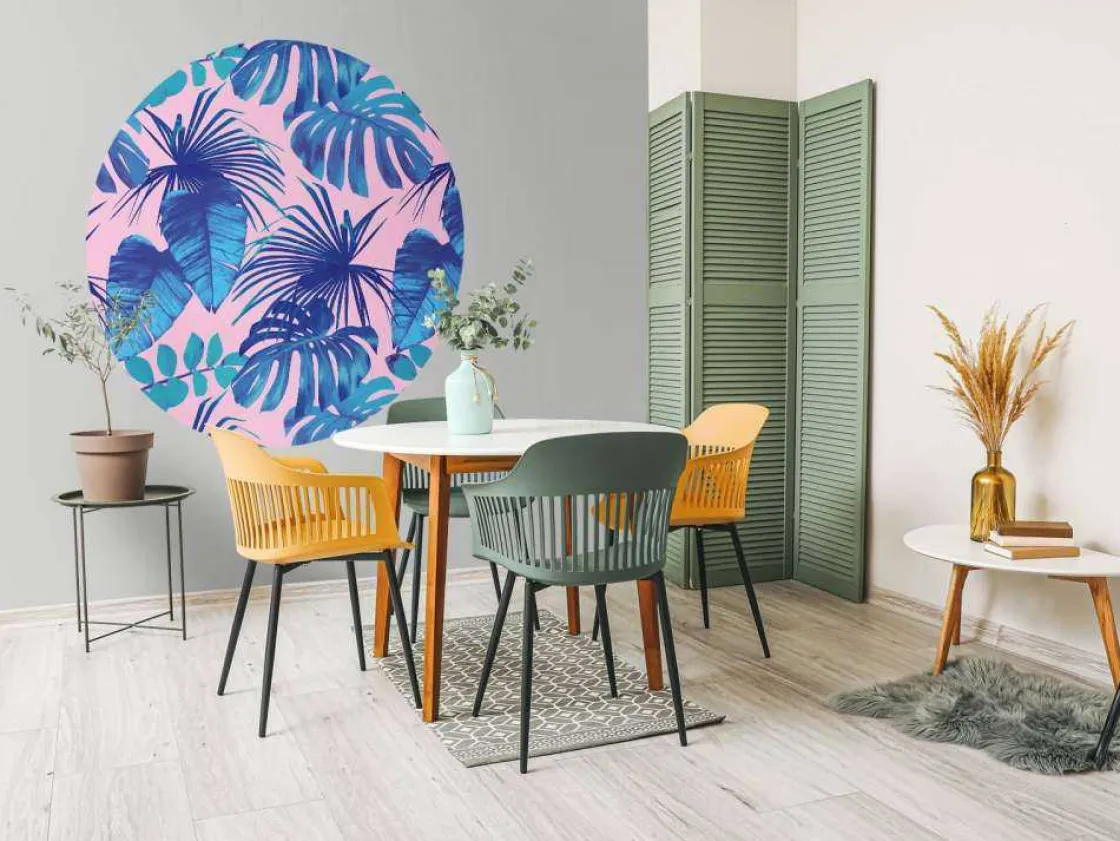 tropische_bladeren_met_ee_5.webp Sale Tropische bladeren met een roze achtergrond fotobehang Tienerkamer | Bloemen
