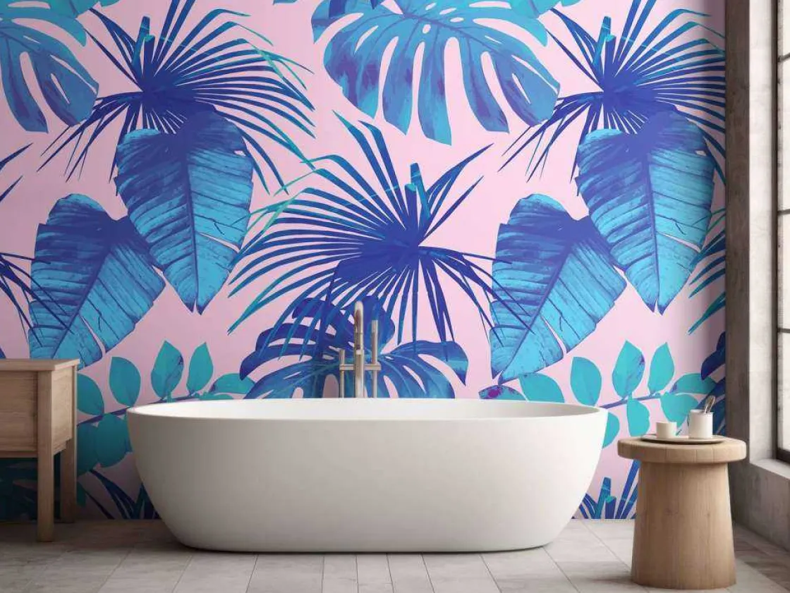tropische_bladeren_met_ee_8.webp Sale Tropische bladeren met een roze achtergrond fotobehang Tienerkamer | Bloemen