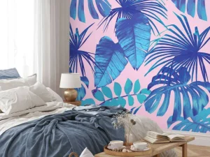 Sale Tropische bladeren met een roze achtergrond fotobehang Tienerkamer | Bloemen
