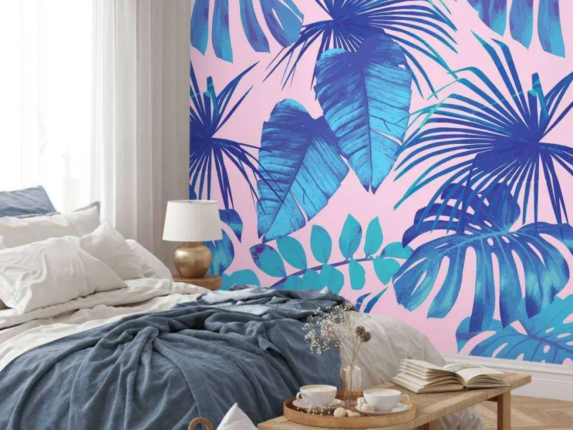 tropische_bladeren_met_ee_9.webp Sale Tropische bladeren met een roze achtergrond fotobehang Tienerkamer | Bloemen