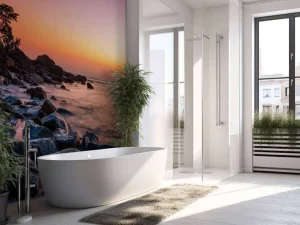 Fashion Tropische kust met een paarse hemel fotobehang Kunst & Design