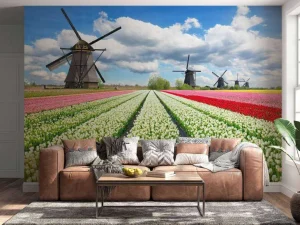 Outlet Tulpenveld onder een bewolkte hemel fotobehang Steden | Architectuur