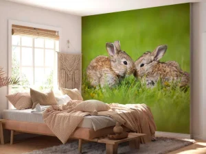 Hot Twee baby haasjes in het gras fotobehang Babykamer | Dieren