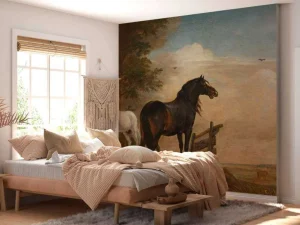 Outlet Twee paarden in de weide bij een hek fotobehang Kunst & Design | Dieren