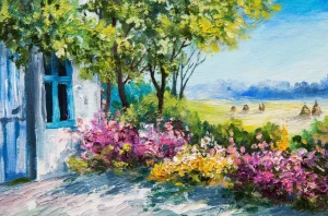 Online Uitzicht vanaf een tuin schilderij fotobehang Kunst & Design